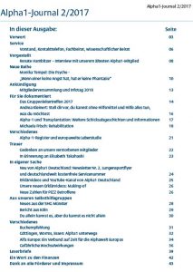 Inhaltsverzeichnis Alpha1-Journal 2-2017