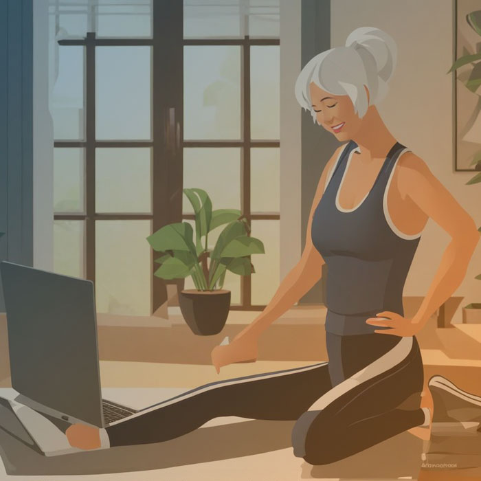 Eine Frau, die Sport in ihrem Wohnzimmer vor dem Laptop macht.
